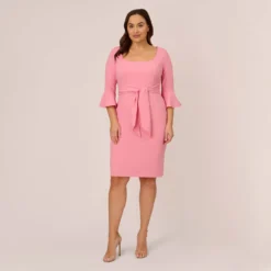 Adrianna Papell Plus Size Stretch Knit Crepe Tie-Front Midi-Length Sheath Dress In Faded Rose -Glam Mirth Sales AP1D104978 AK660 Plus Front