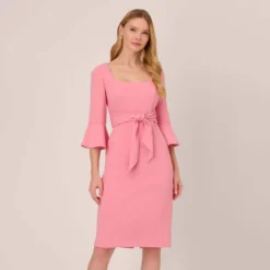 Adrianna Papell Stretch Knit Crepe Tie-Front Midi-Length Sheath Dress In Faded Rose