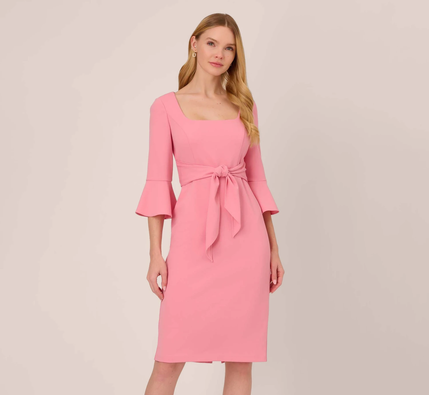 Adrianna Papell Stretch Knit Crepe Tie-Front Midi-Length Sheath Dress In Faded Rose 1 Adrianna Papell Stretch Knit Crepe Tie-Front Midi-Length Sheath Dress In Faded Rose