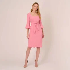 Adrianna Papell Stretch Knit Crepe Tie-Front Midi-Length Sheath Dress In Faded Rose 15 Adrianna Papell Stretch Knit Crepe Tie-Front Midi-Length Sheath Dress In Faded Rose -Glam Mirth Sales AP1D104978 AK660 Regular Front