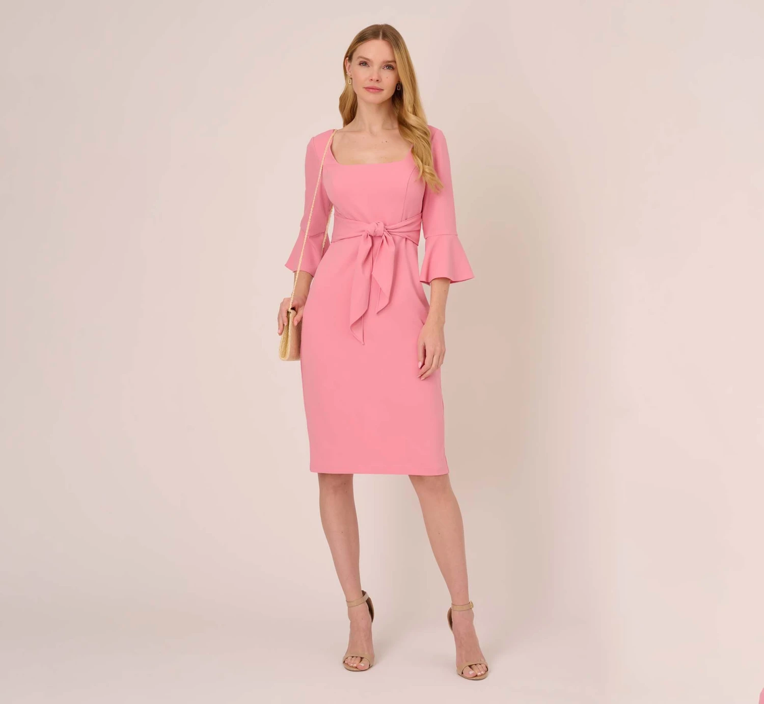Adrianna Papell Stretch Knit Crepe Tie-Front Midi-Length Sheath Dress In Faded Rose 2 Adrianna Papell Stretch Knit Crepe Tie-Front Midi-Length Sheath Dress In Faded Rose - Image 2