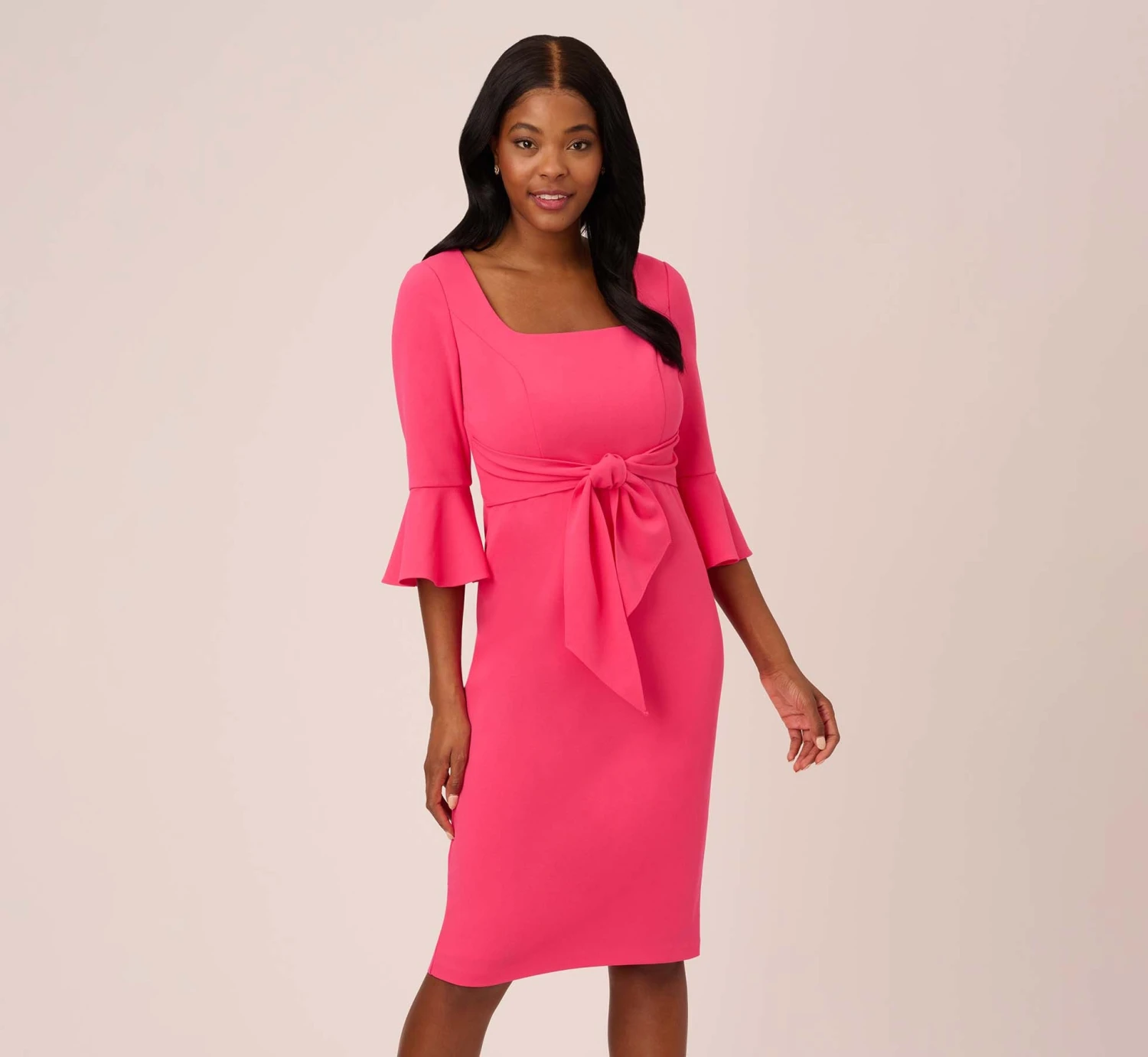 Adrianna Papell Stretch Knit Crepe Tie-Front Midi-Length Sheath Dress In Camellia 1 Adrianna Papell Stretch Knit Crepe Tie-Front Midi-Length Sheath Dress In Camellia