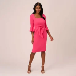 Adrianna Papell Stretch Knit Crepe Tie-Front Midi-Length Sheath Dress In Camellia 13 Adrianna Papell Stretch Knit Crepe Tie-Front Midi-Length Sheath Dress In Camellia -Glam Mirth Sales AP1D104978 AK672 Regular Front