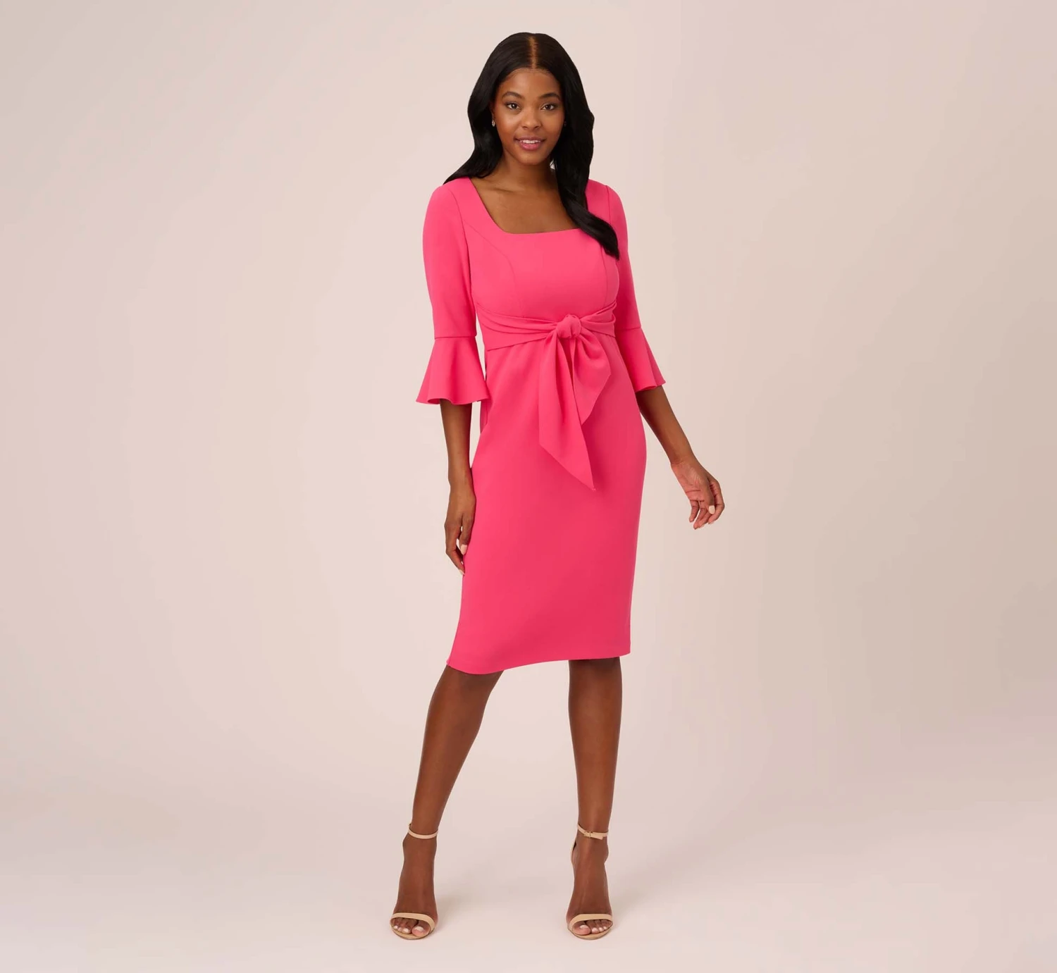 Adrianna Papell Stretch Knit Crepe Tie-Front Midi-Length Sheath Dress In Camellia 7 Adrianna Papell Stretch Knit Crepe Tie-Front Midi-Length Sheath Dress In Camellia - Image 7