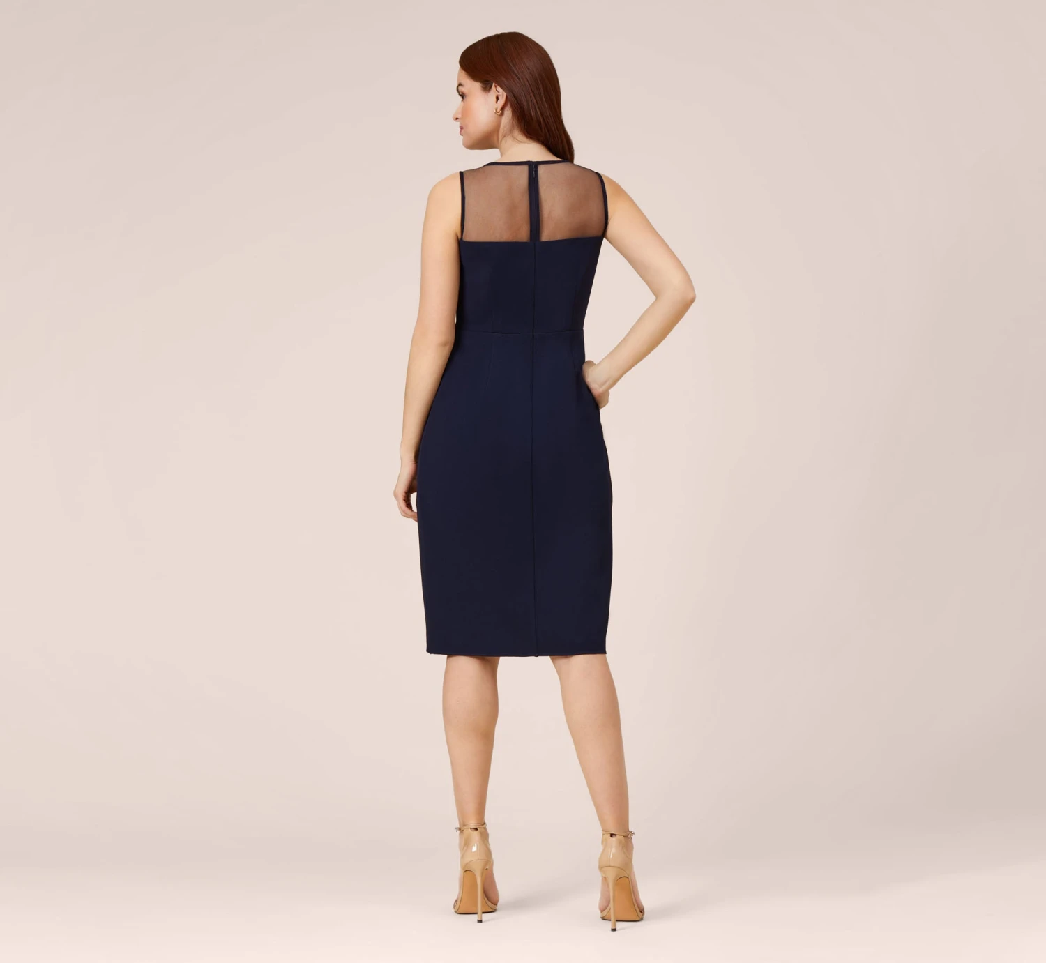 Adrianna Papell Stretch Knit Crepe Draped Illusion Short Faux Wrap Dress In Midnight 4 Adrianna Papell Stretch Knit Crepe Draped Illusion Short Faux Wrap Dress In Midnight - Image 4