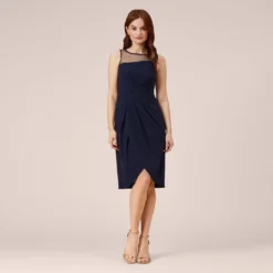 Adrianna Papell Stretch Knit Crepe Draped Illusion Short Faux Wrap Dress In Midnight 13 Adrianna Papell Stretch Knit Crepe Draped Illusion Short Faux Wrap Dress In Midnight -Glam Mirth Sales AP1D104979 AB411 Regular Front