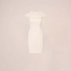 Adrianna Papell Stretch Knit Crepe Sheath Dress With Rosettes In Ivory 15 Adrianna Papell Stretch Knit Crepe Sheath Dress With Rosettes In Ivory -Glam Mirth Sales AP1D104980 AA194 Regular Flat