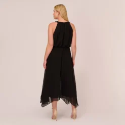 Adrianna Papell Plus Size Halter Jumpsuit With Chiffon Overlay Skirt In Black 9 Adrianna Papell Plus Size Halter Jumpsuit With Chiffon Overlay Skirt In Black -Glam Mirth Sales AP1D104983 AA002 Plus Back