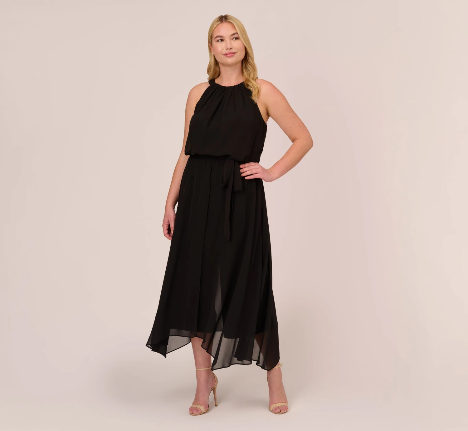 Adrianna Papell Plus Size Halter Jumpsuit With Chiffon Overlay Skirt In Black 2 Adrianna Papell Plus Size Halter Jumpsuit With Chiffon Overlay Skirt In Black - Image 2