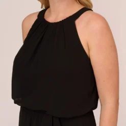Adrianna Papell Plus Size Halter Jumpsuit With Chiffon Overlay Skirt In Black 10 Adrianna Papell Plus Size Halter Jumpsuit With Chiffon Overlay Skirt In Black -Glam Mirth Sales AP1D104983 AA002 Plus Detail