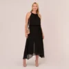 Adrianna Papell Plus Size Halter Jumpsuit With Chiffon Overlay Skirt In Black