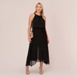 Adrianna Papell Plus Size Halter Jumpsuit With Chiffon Overlay Skirt In Black