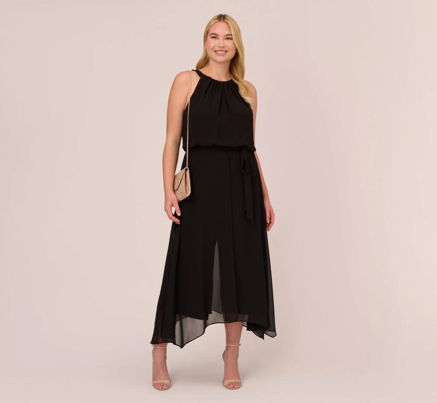 Adrianna Papell Plus Size Halter Jumpsuit With Chiffon Overlay Skirt In Black 1 Adrianna Papell Plus Size Halter Jumpsuit With Chiffon Overlay Skirt In Black