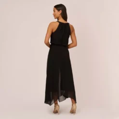 Adrianna Papell Halter Jumpsuit With Chiffon Overlay Skirt In Black -Glam Mirth Sales AP1D104983 AA002 Regular Back