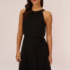Adrianna Papell Halter Jumpsuit With Chiffon Overlay Skirt In Black -Glam Mirth Sales AP1D104983 AA002 Regular Detail