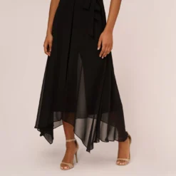 Adrianna Papell Halter Jumpsuit With Chiffon Overlay Skirt In Black -Glam Mirth Sales AP1D104983 AA002 Regular Lifestyle