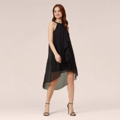 Adrianna Papell Chiffon And Stretch Jersey Short Pull On Dress With Ruffle In Black