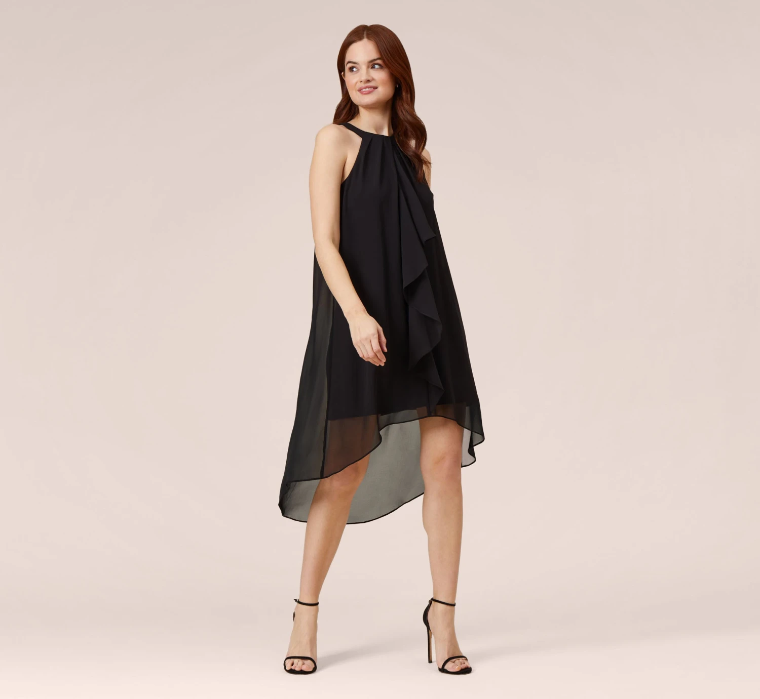 Adrianna Papell Chiffon And Stretch Jersey Short Pull On Dress With Ruffle In Black 1 Adrianna Papell Chiffon And Stretch Jersey Short Pull On Dress With Ruffle In Black