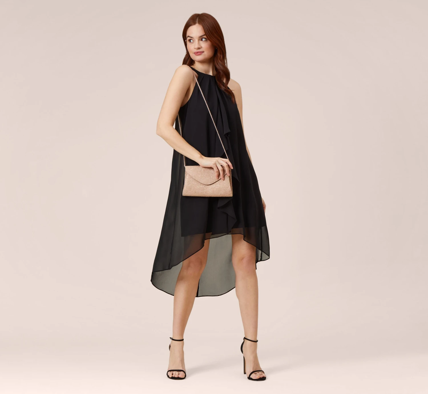 Adrianna Papell Chiffon And Stretch Jersey Short Pull On Dress With Ruffle In Black 2 Adrianna Papell Chiffon And Stretch Jersey Short Pull On Dress With Ruffle In Black - Image 2