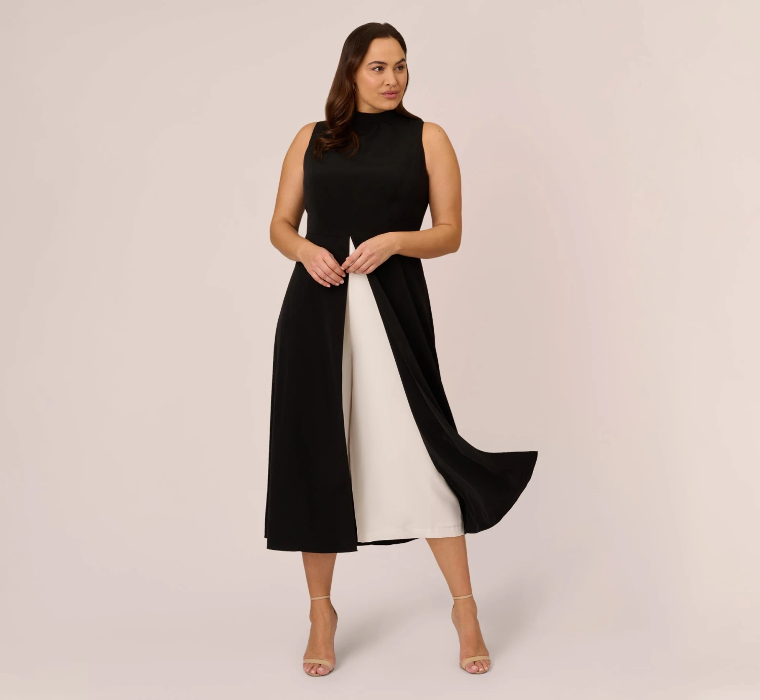 Adrianna Papell Plus Size Colorblock Matte Crepe Cropped Jumpsuit With Skirt Overlay In Black Ivory 1 Adrianna Papell Plus Size Colorblock Matte Crepe Cropped Jumpsuit With Skirt Overlay In Black Ivory
