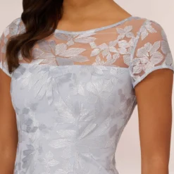 Adrianna Papell Floral Embroidered Sheath Dress With Short Sleeves In Blue Breeze 9 Adrianna Papell Floral Embroidered Sheath Dress With Short Sleeves In Blue Breeze -Glam Mirth Sales AP1D104993 AD497 Regular Detail