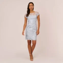 Adrianna Papell Floral Embroidered Sheath Dress With Short Sleeves In Blue Breeze 13 Adrianna Papell Floral Embroidered Sheath Dress With Short Sleeves In Blue Breeze -Glam Mirth Sales AP1D104993 AD497 Regular Front
