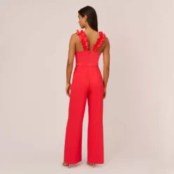 Adrianna Papell Satin Crepe Jumpsuit With Ruffled Shoulders In Calypso Coral 10 Adrianna Papell Satin Crepe Jumpsuit With Ruffled Shoulders In Calypso Coral -Glam Mirth Sales AP1D104994 AD952 Regular Back