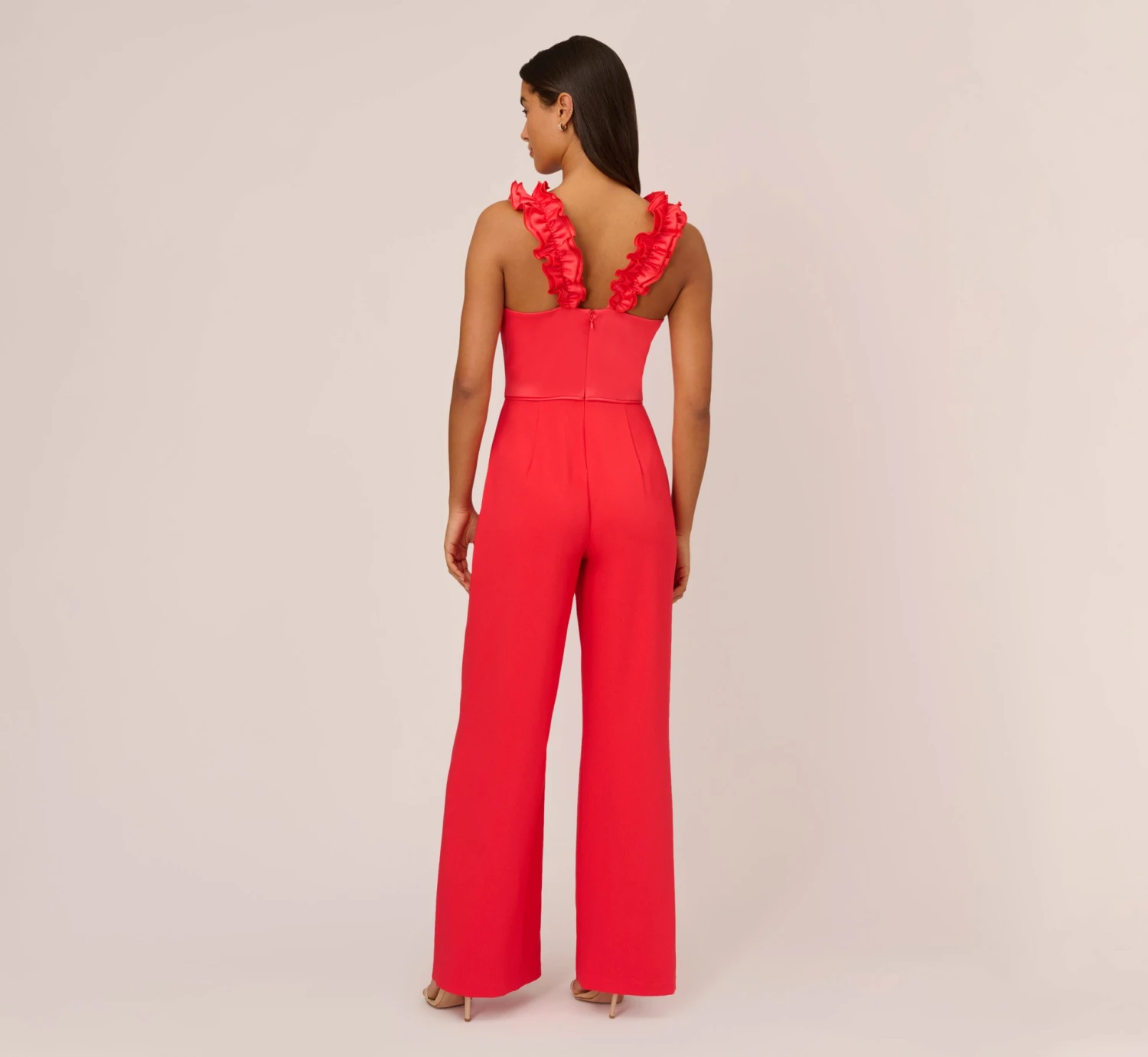Adrianna Papell Satin Crepe Jumpsuit With Ruffled Shoulders In Calypso Coral 4 Adrianna Papell Satin Crepe Jumpsuit With Ruffled Shoulders In Calypso Coral - Image 4