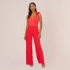 Adrianna Papell Satin Crepe Jumpsuit With Ruffled Shoulders In Calypso Coral