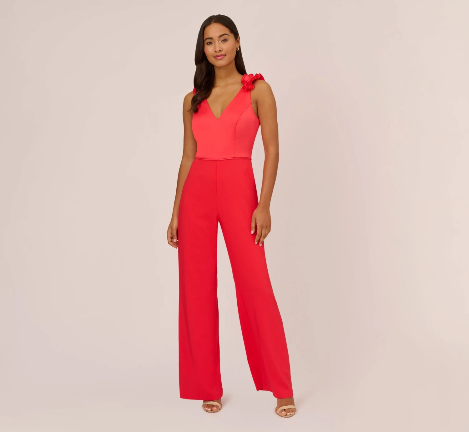 Adrianna Papell Satin Crepe Jumpsuit With Ruffled Shoulders In Calypso Coral 1 Adrianna Papell Satin Crepe Jumpsuit With Ruffled Shoulders In Calypso Coral