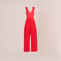 Adrianna Papell Satin Crepe Jumpsuit With Ruffled Shoulders In Calypso Coral 13 Adrianna Papell Satin Crepe Jumpsuit With Ruffled Shoulders In Calypso Coral -Glam Mirth Sales AP1D104994 AD952 Regular Flat