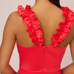 Adrianna Papell Satin Crepe Jumpsuit With Ruffled Shoulders In Calypso Coral 9 Adrianna Papell Satin Crepe Jumpsuit With Ruffled Shoulders In Calypso Coral -Glam Mirth Sales AP1D104994 AD952 Regular Lifestyle