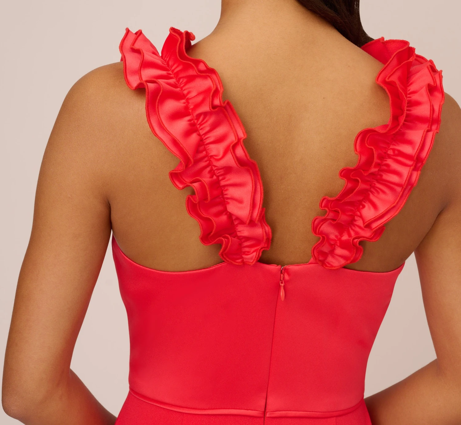 Adrianna Papell Satin Crepe Jumpsuit With Ruffled Shoulders In Calypso Coral 3 Adrianna Papell Satin Crepe Jumpsuit With Ruffled Shoulders In Calypso Coral - Image 3