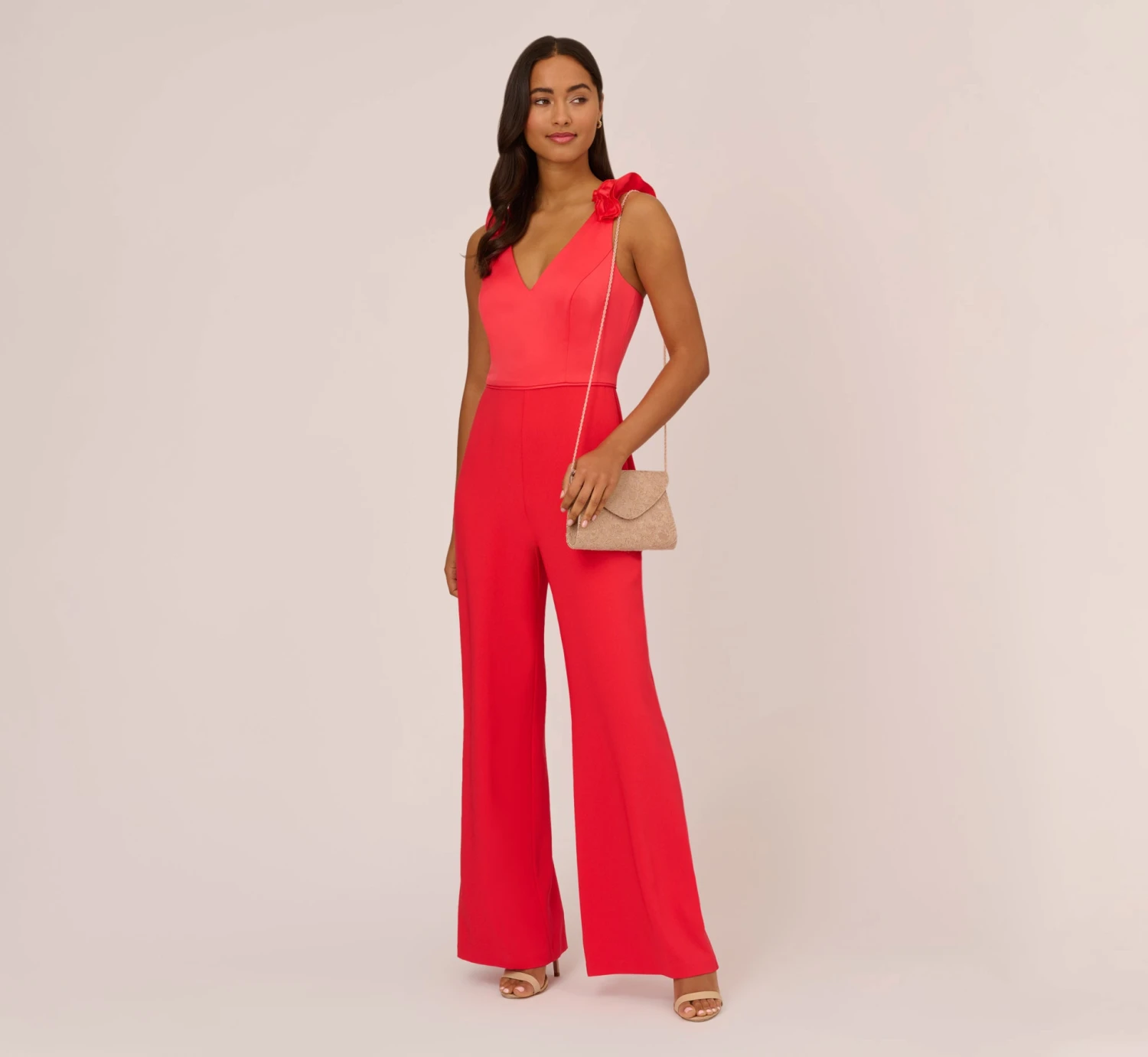 Adrianna Papell Satin Crepe Jumpsuit With Ruffled Shoulders In Calypso Coral 2 Adrianna Papell Satin Crepe Jumpsuit With Ruffled Shoulders In Calypso Coral - Image 2
