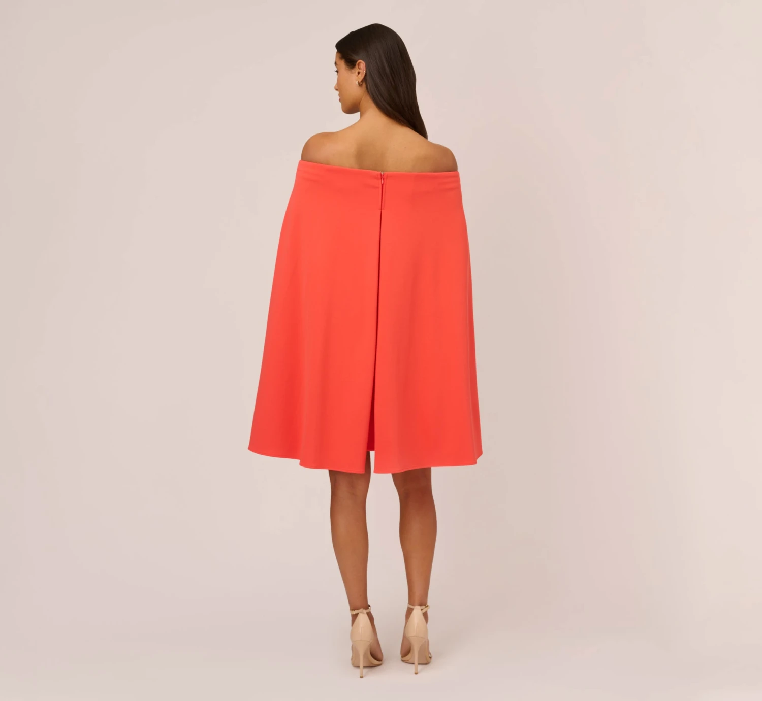Adrianna Papell Off The Shoulder Cape Dress In Calypso Coral 4 Adrianna Papell Off The Shoulder Cape Dress In Calypso Coral - Image 4
