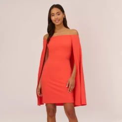 Adrianna Papell Off The Shoulder Cape Dress In Calypso Coral