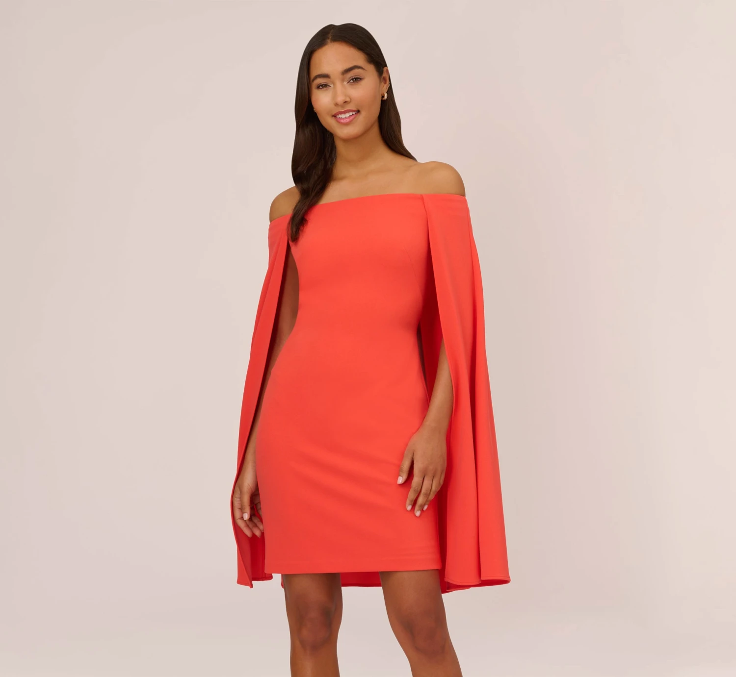 Adrianna Papell Off The Shoulder Cape Dress In Calypso Coral 1 Adrianna Papell Off The Shoulder Cape Dress In Calypso Coral