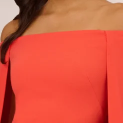 Adrianna Papell Off The Shoulder Cape Dress In Calypso Coral 9 Adrianna Papell Off The Shoulder Cape Dress In Calypso Coral -Glam Mirth Sales AP1D104995 AD952 Regular Detail