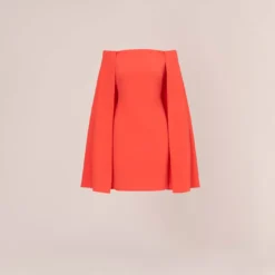 Adrianna Papell Off The Shoulder Cape Dress In Calypso Coral 12 Adrianna Papell Off The Shoulder Cape Dress In Calypso Coral -Glam Mirth Sales AP1D104995 AD952 Regular Flat