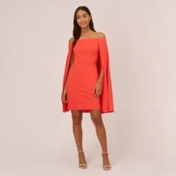 Adrianna Papell Off The Shoulder Cape Dress In Calypso Coral 13 Adrianna Papell Off The Shoulder Cape Dress In Calypso Coral -Glam Mirth Sales AP1D104995 AD952 Regular Front