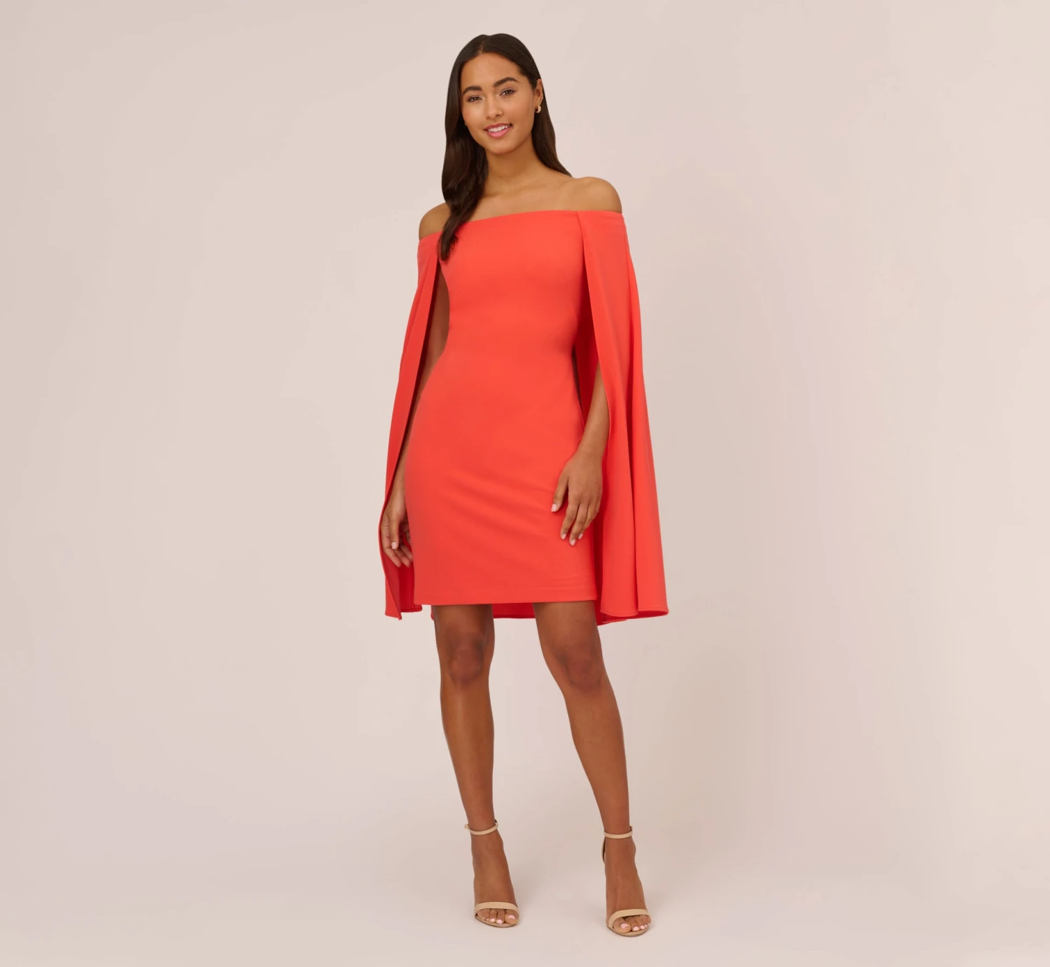 Adrianna Papell Off The Shoulder Cape Dress In Calypso Coral 7 Adrianna Papell Off The Shoulder Cape Dress In Calypso Coral - Image 7