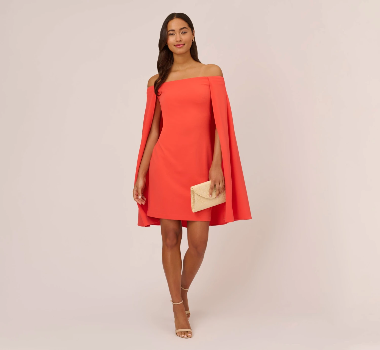 Adrianna Papell Off The Shoulder Cape Dress In Calypso Coral 2 Adrianna Papell Off The Shoulder Cape Dress In Calypso Coral - Image 2