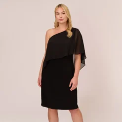 Adrianna Papell Plus Size One Shoulder Dress With Chiffon Cape In Black