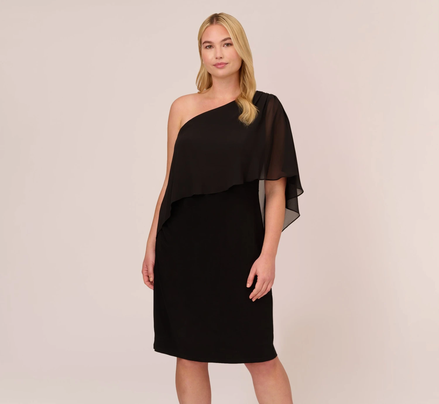 Adrianna Papell Plus Size One Shoulder Dress With Chiffon Cape In Black 1 Adrianna Papell Plus Size One Shoulder Dress With Chiffon Cape In Black