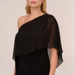 Adrianna Papell Plus Size One Shoulder Dress With Chiffon Cape In Black 9 Adrianna Papell Plus Size One Shoulder Dress With Chiffon Cape In Black -Glam Mirth Sales AP1D104997 AA002 Plus Detail