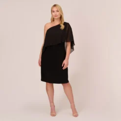 Adrianna Papell Plus Size One Shoulder Dress With Chiffon Cape In Black 13 Adrianna Papell Plus Size One Shoulder Dress With Chiffon Cape In Black -Glam Mirth Sales AP1D104997 AA002 Plus Front