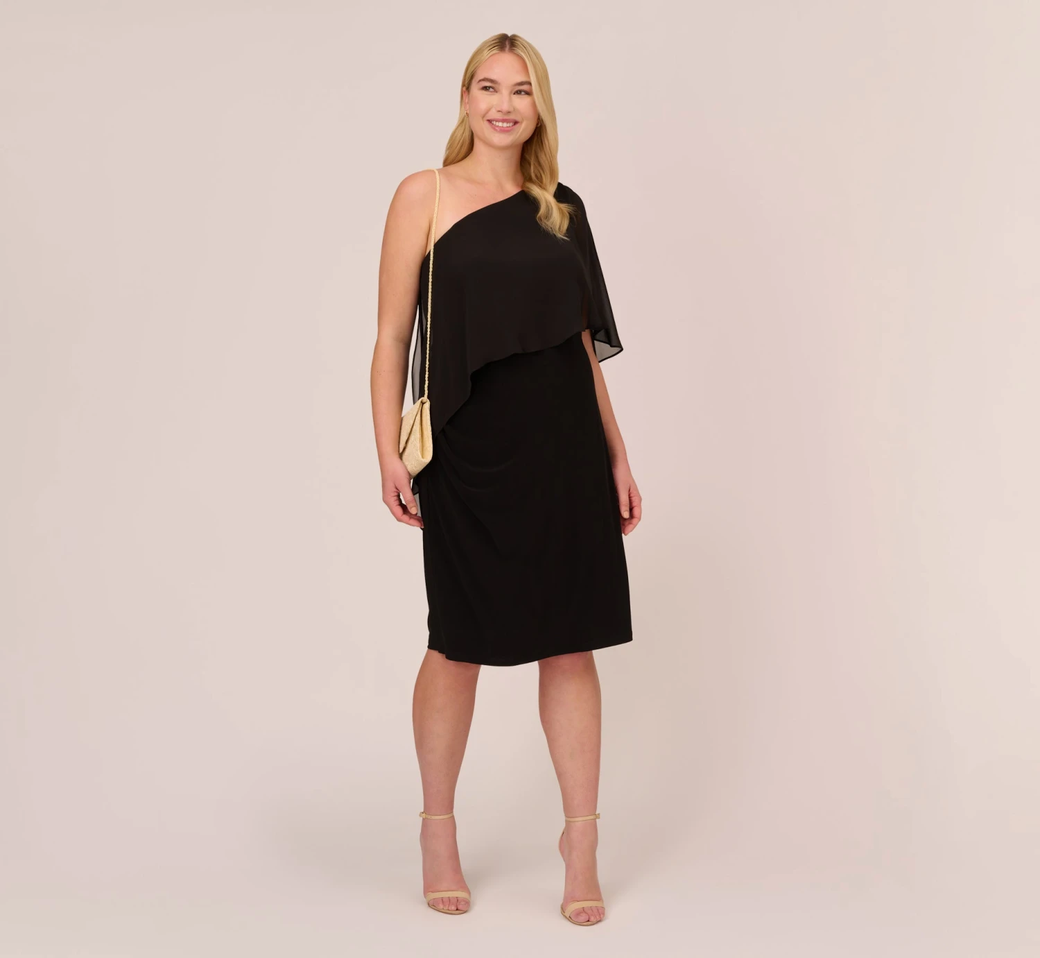 Adrianna Papell Plus Size One Shoulder Dress With Chiffon Cape In Black 2 Adrianna Papell Plus Size One Shoulder Dress With Chiffon Cape In Black - Image 2