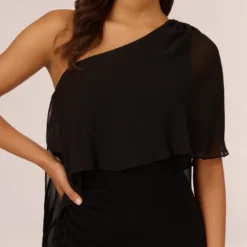 Adrianna Papell One Shoulder Dress With Chiffon Cape In Black -Glam Mirth Sales AP1D104997 AA002 Regular Detail