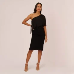 Adrianna Papell One Shoulder Dress With Chiffon Cape In Black -Glam Mirth Sales AP1D104997 AA002 Regular Front