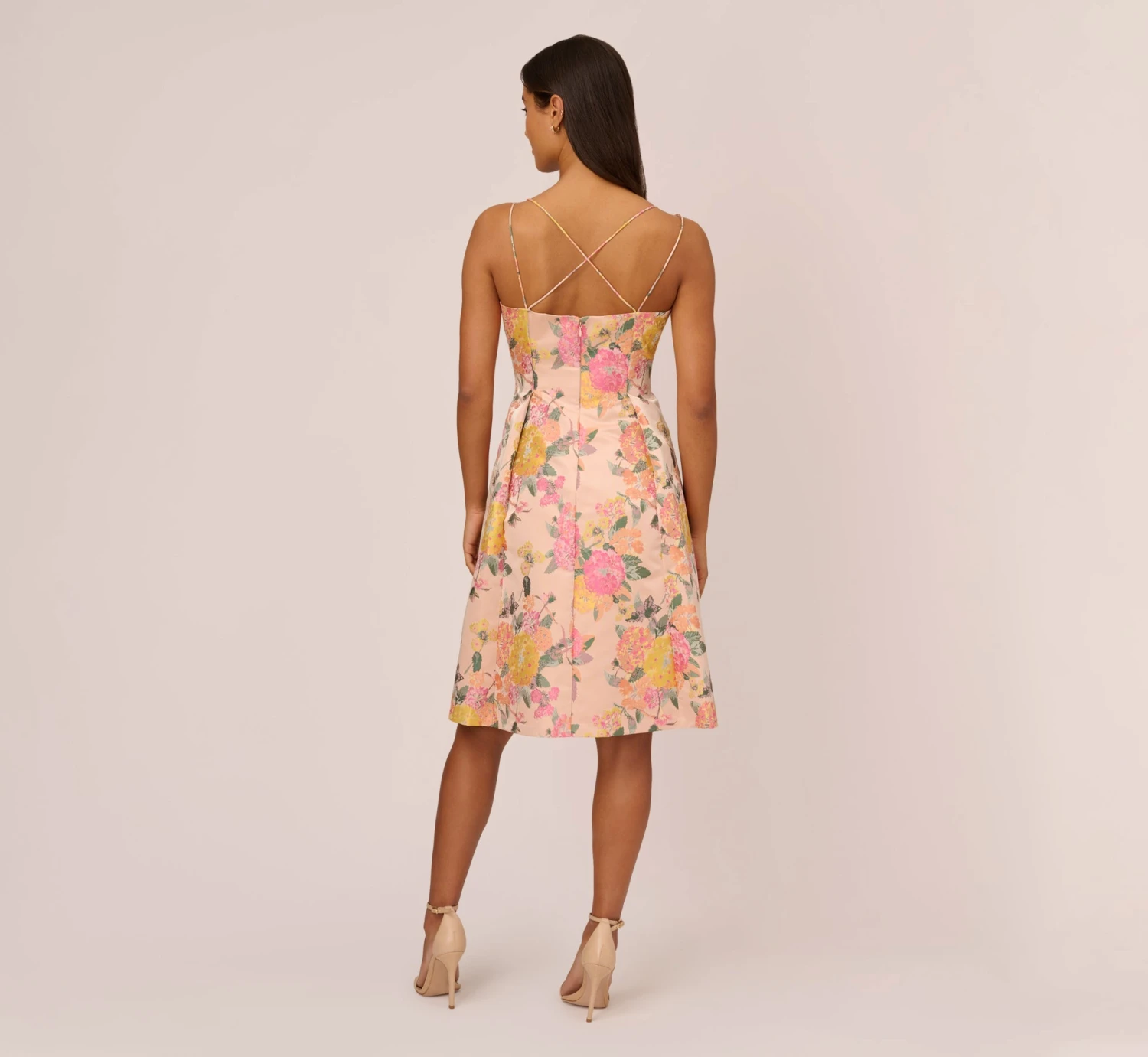 Adrianna Papell Floral Jacquard Dress With Pleated Details In Rose Multi 4 Adrianna Papell Floral Jacquard Dress With Pleated Details In Rose Multi - Image 4
